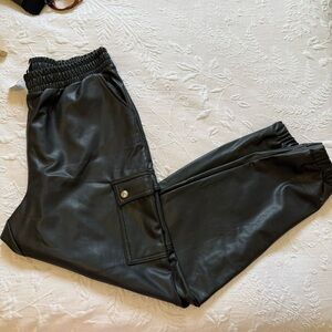 NWY Black Vegan Leather Cargo Joggers-Pants
